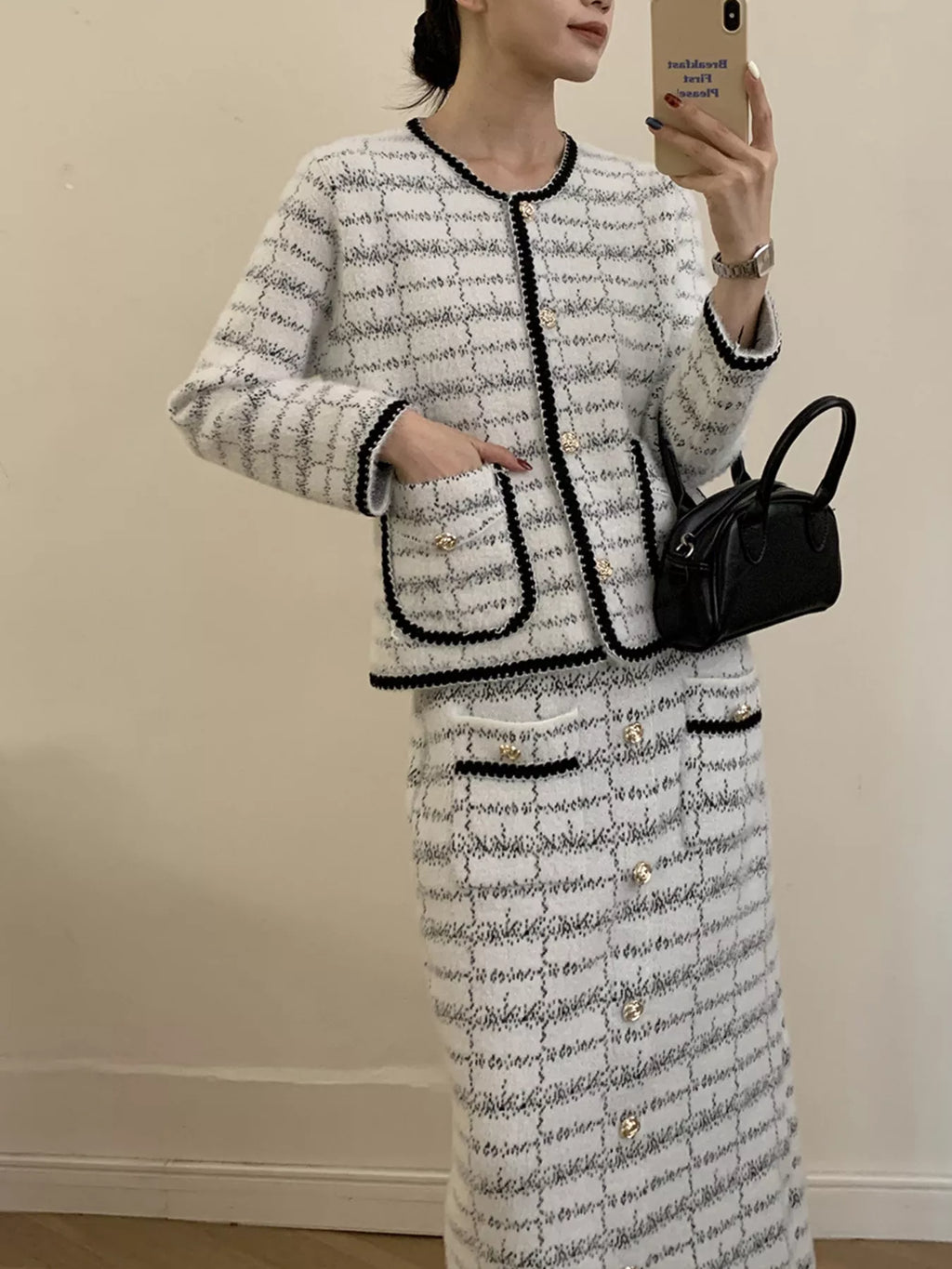 Tweed Contrast Trim Jacket and Skirt Set