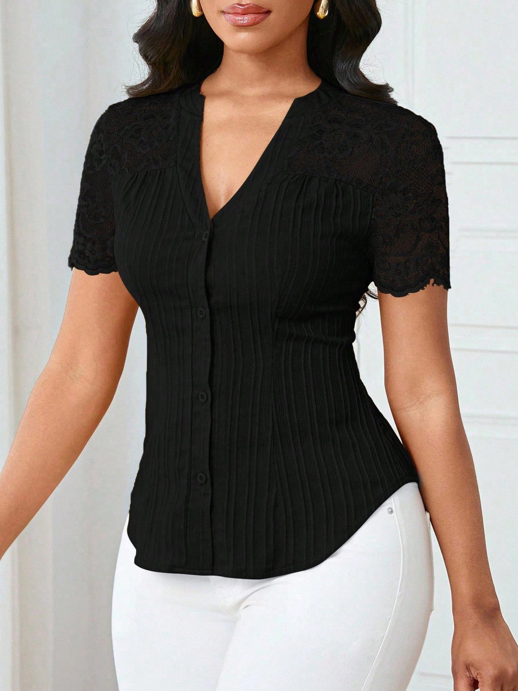 Lace Sleeve Button Up Shirt