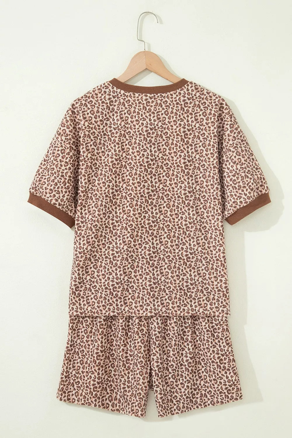 Leopard Print Ribbed Patchwork Half Button Loose Tee Elastic Waist Short 2pcs Set