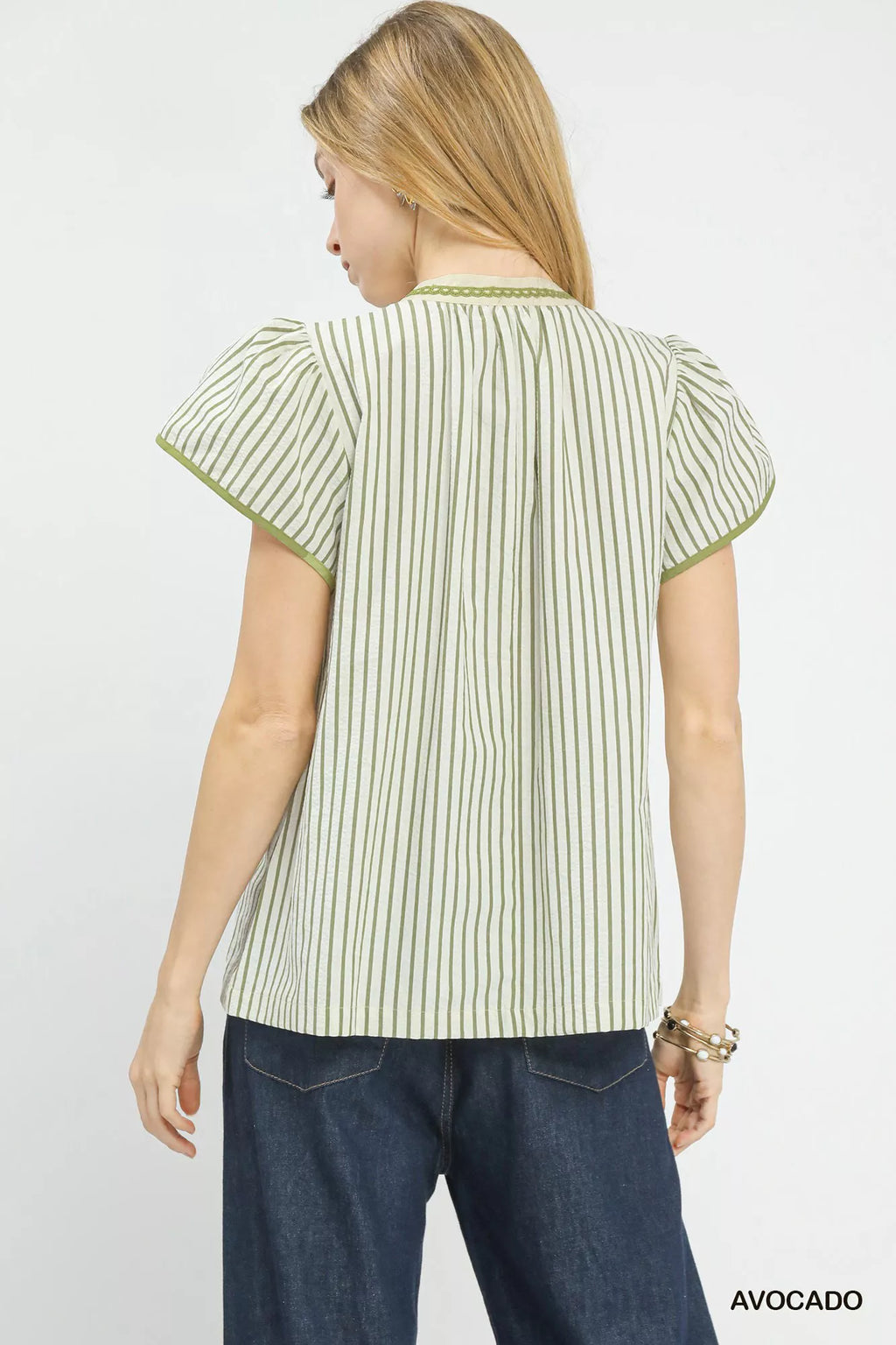 Umgee V-Neck Stripe Top with Lace Trim