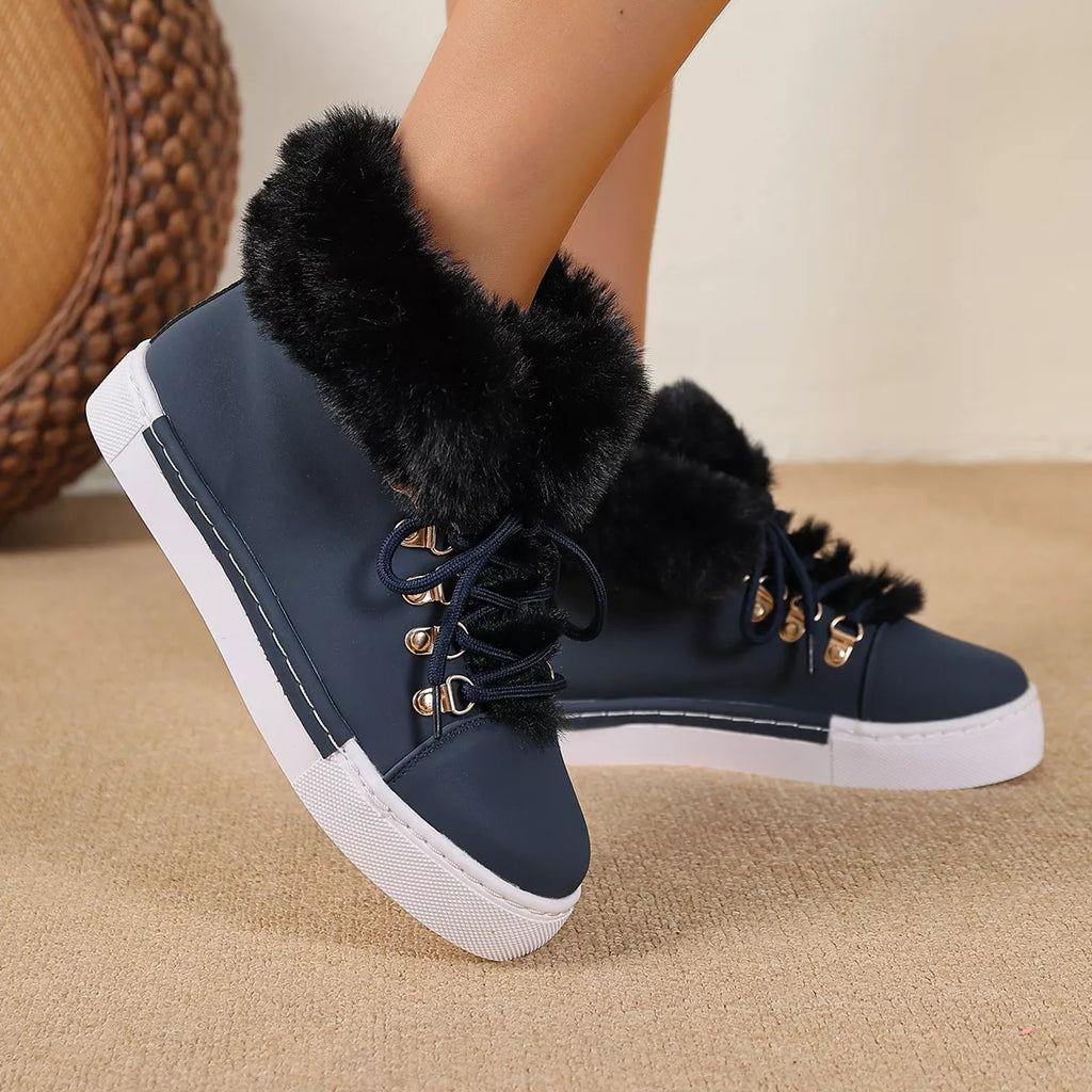 Fuzzy Trim Lace-Up Ankle Boots
