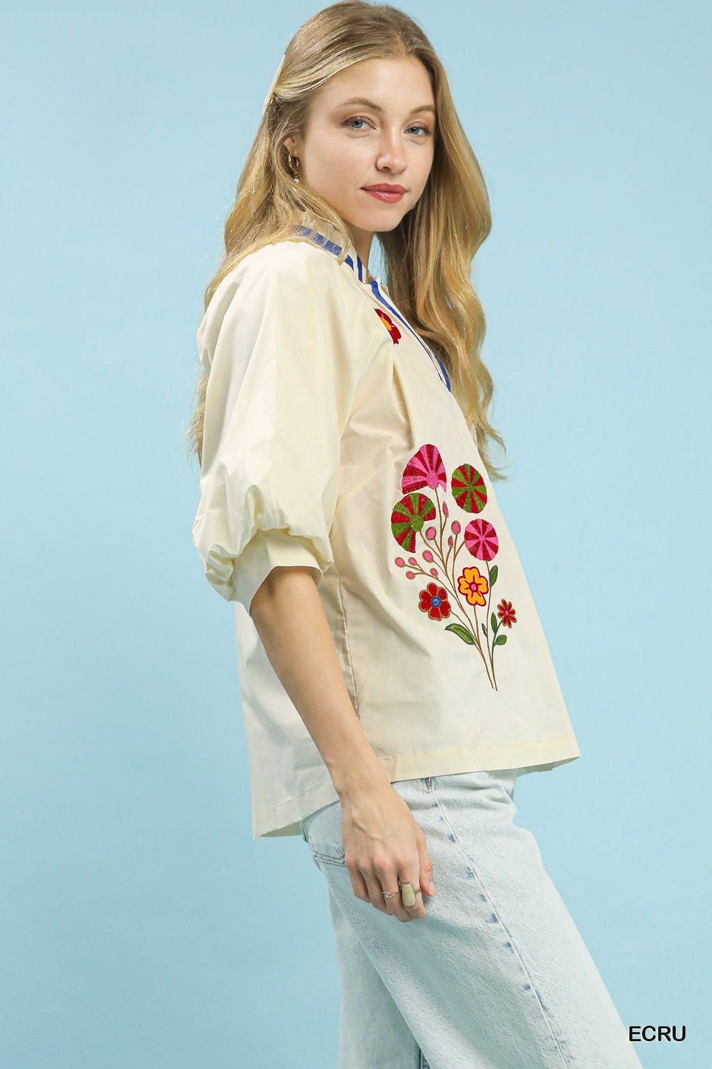 Umgee Embroidered Floral V-Neck Blouse