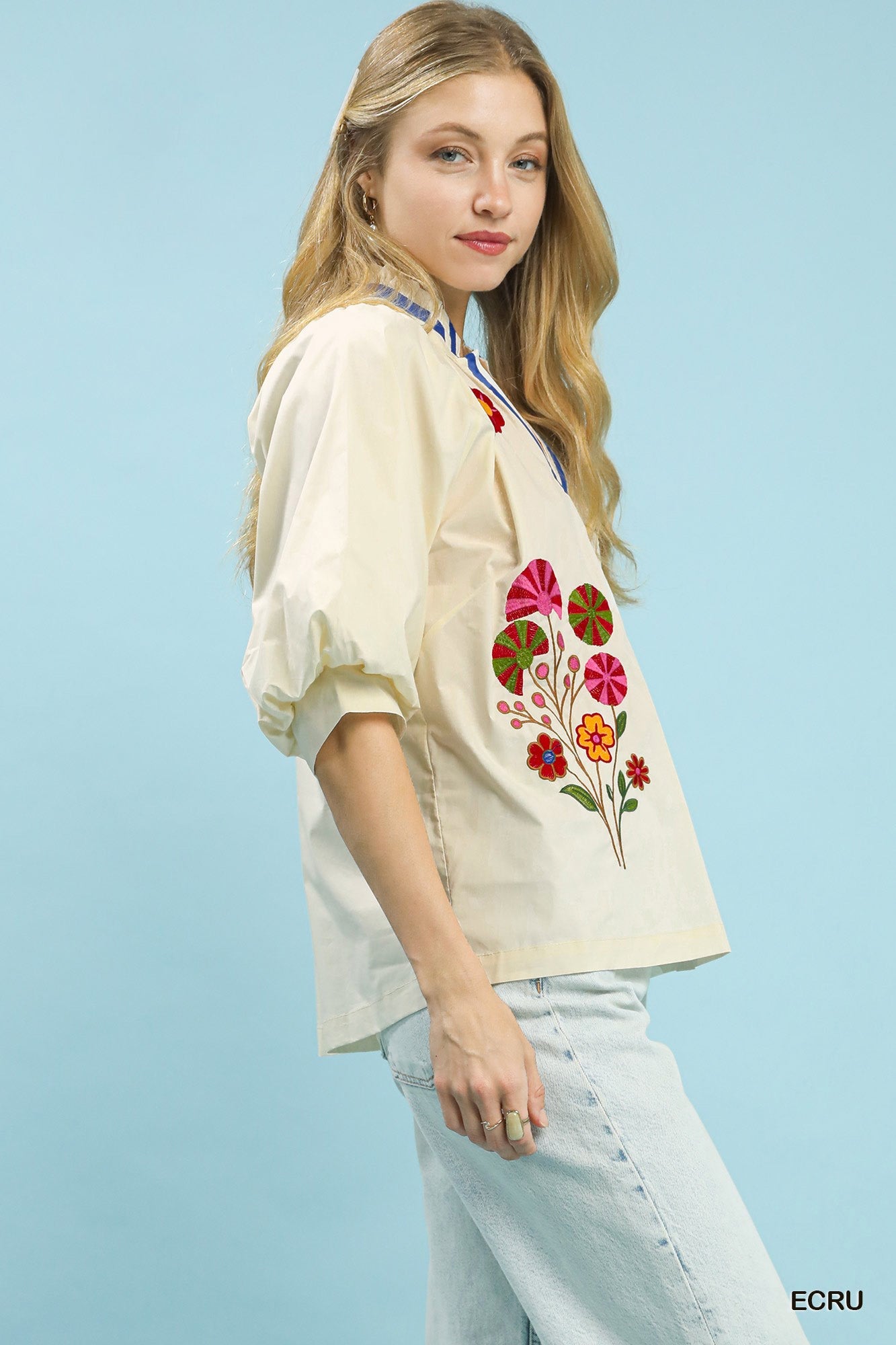 Umgee Embroidered Floral V-Neck Blouse