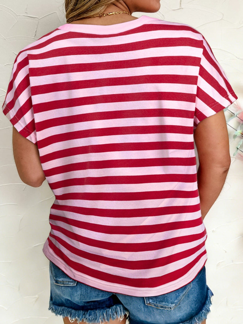 Stripe Split V Neck Casual T Shirt