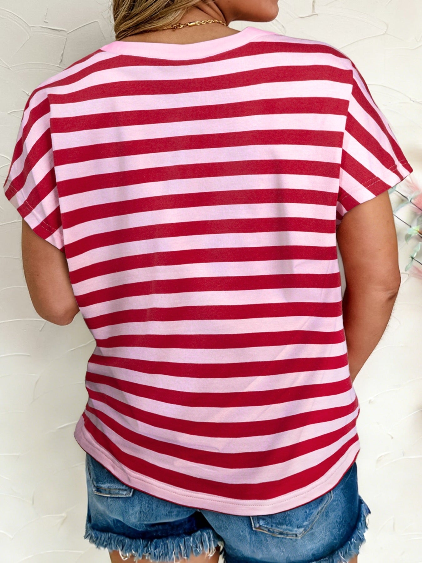 Stripe Split V Neck Casual T Shirt