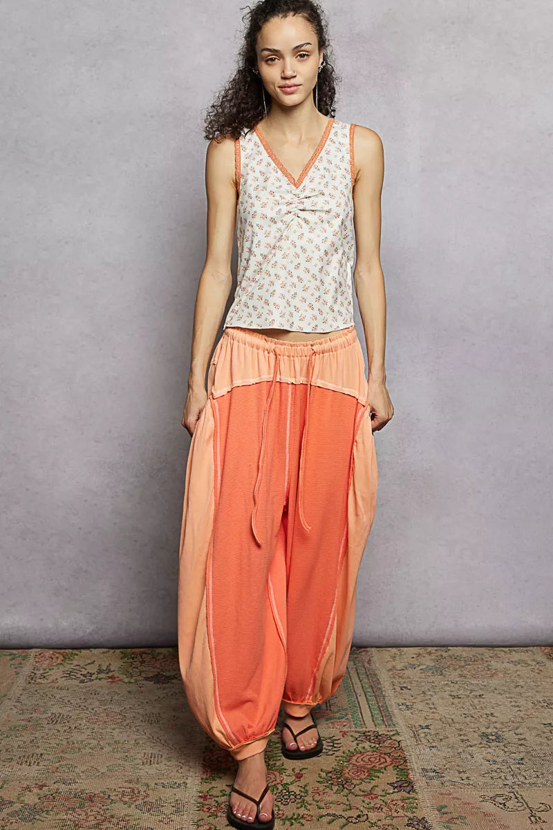 POL Ruched Floral V-Neck Tank with Lace Detail