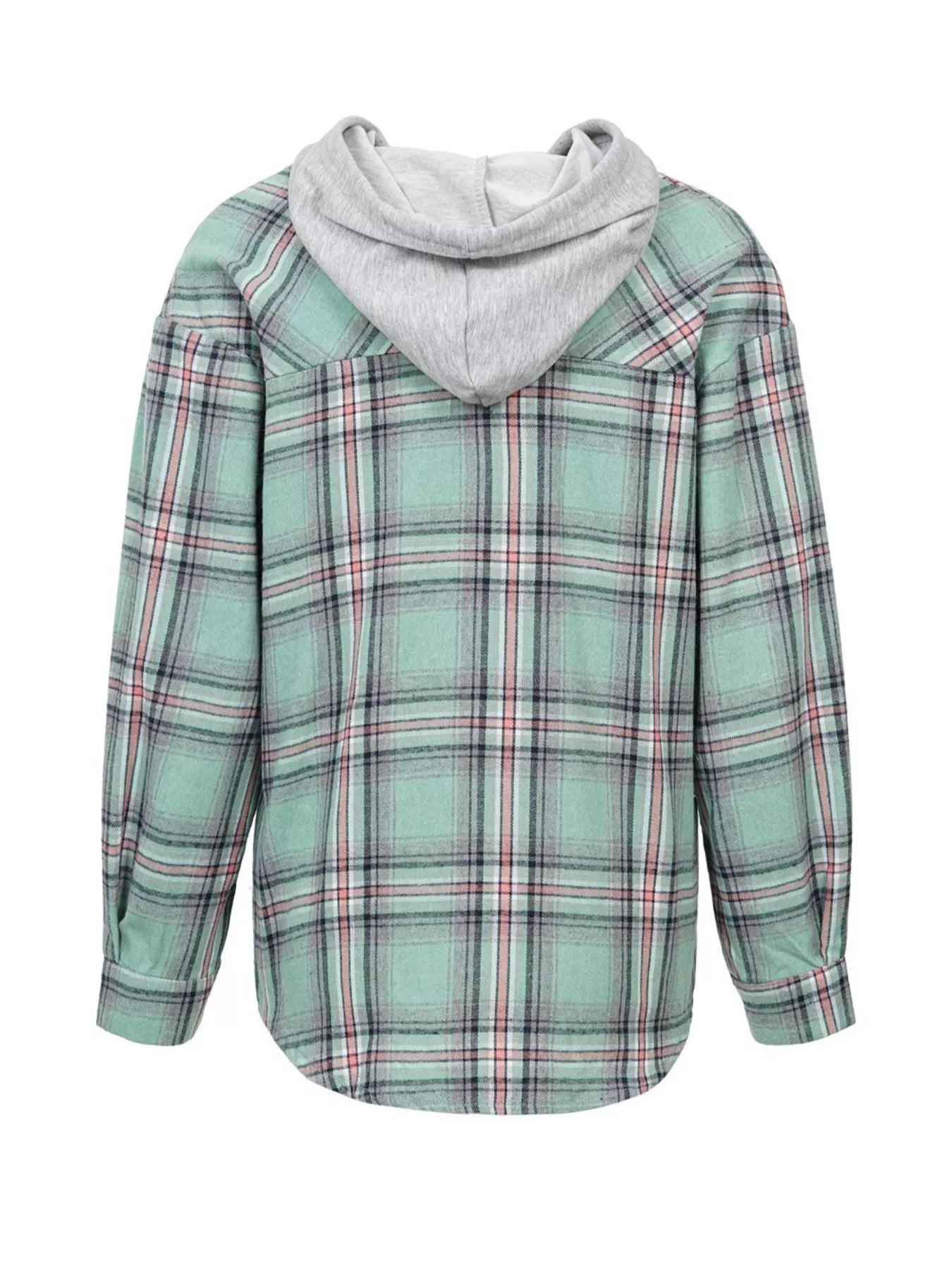 Plaid Button-Up Hooded Shirt with Chest Pocket