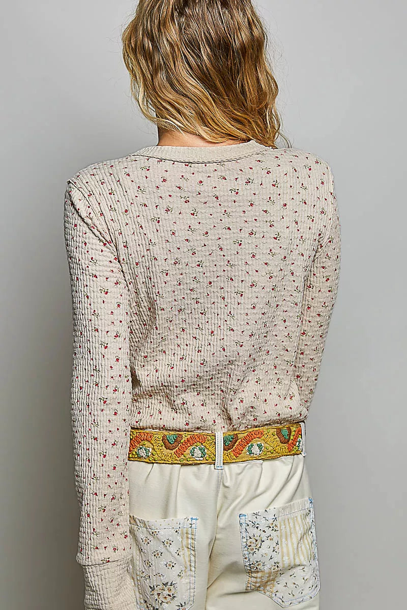 POL Ribbed Knit Floral Crew Neck Long Sleeve Top