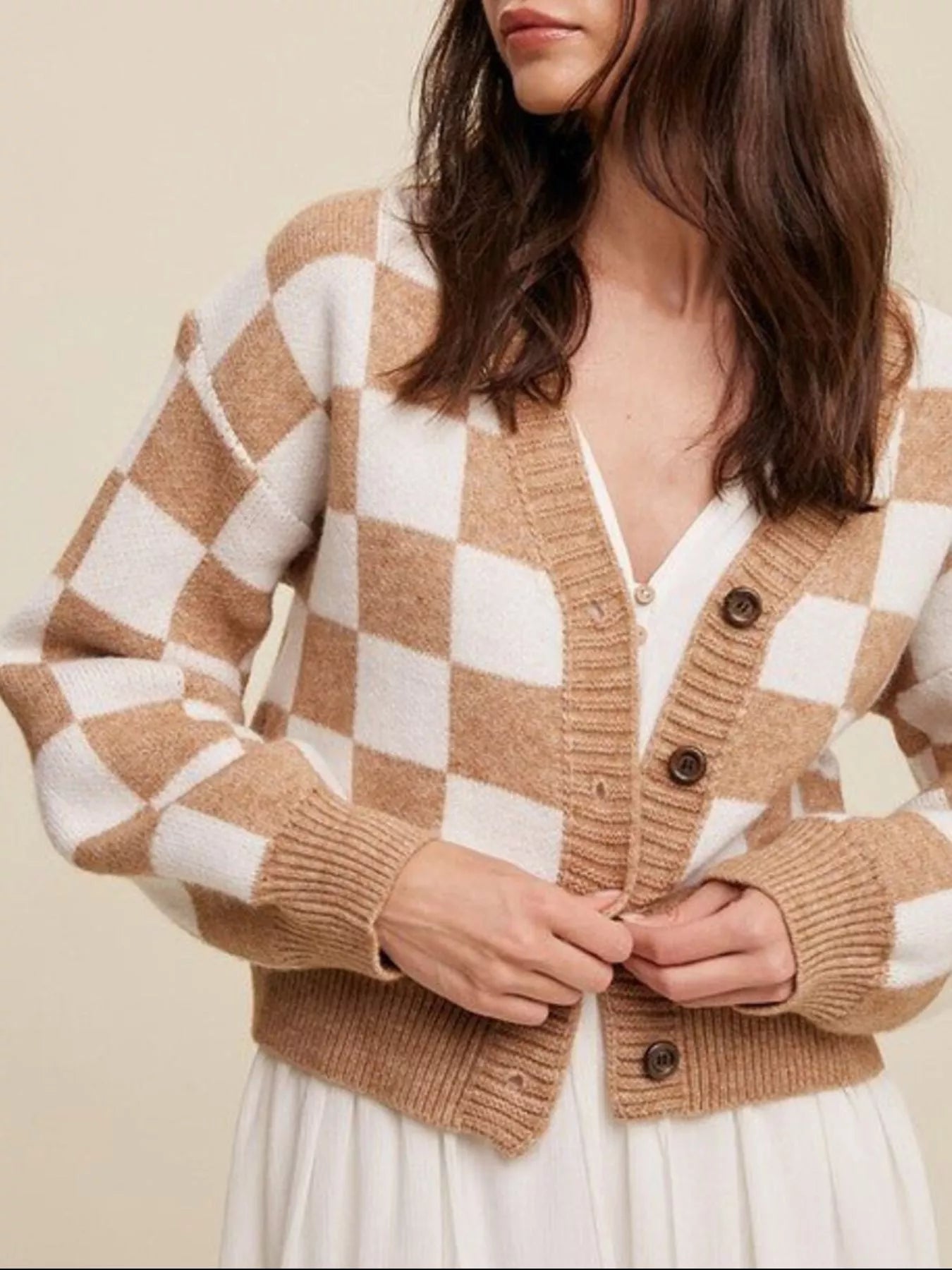 Checkerboard Pattern Button-Down Cardigan