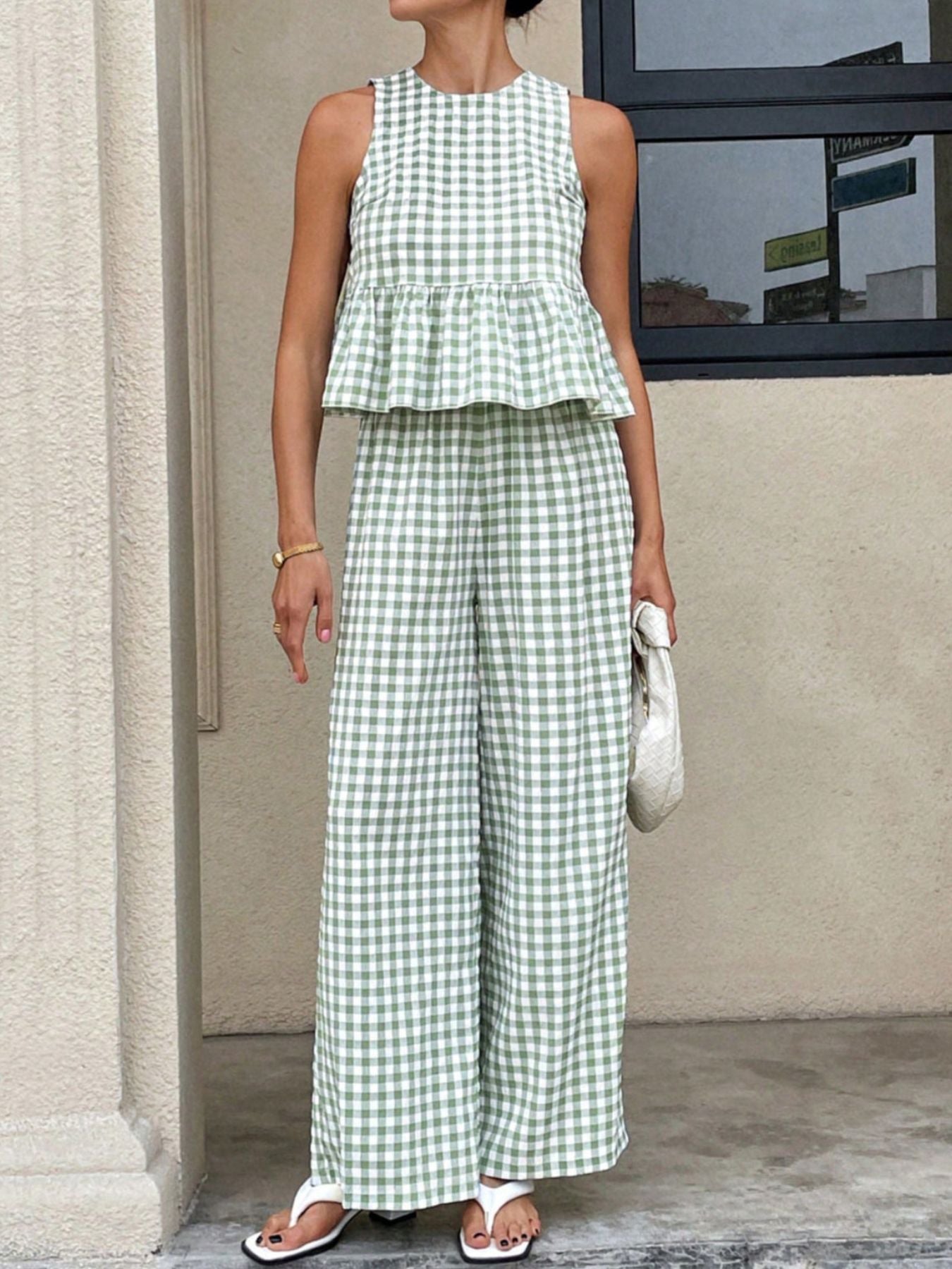 Gingham Sleeveless Top and Wide-Leg Pants Set