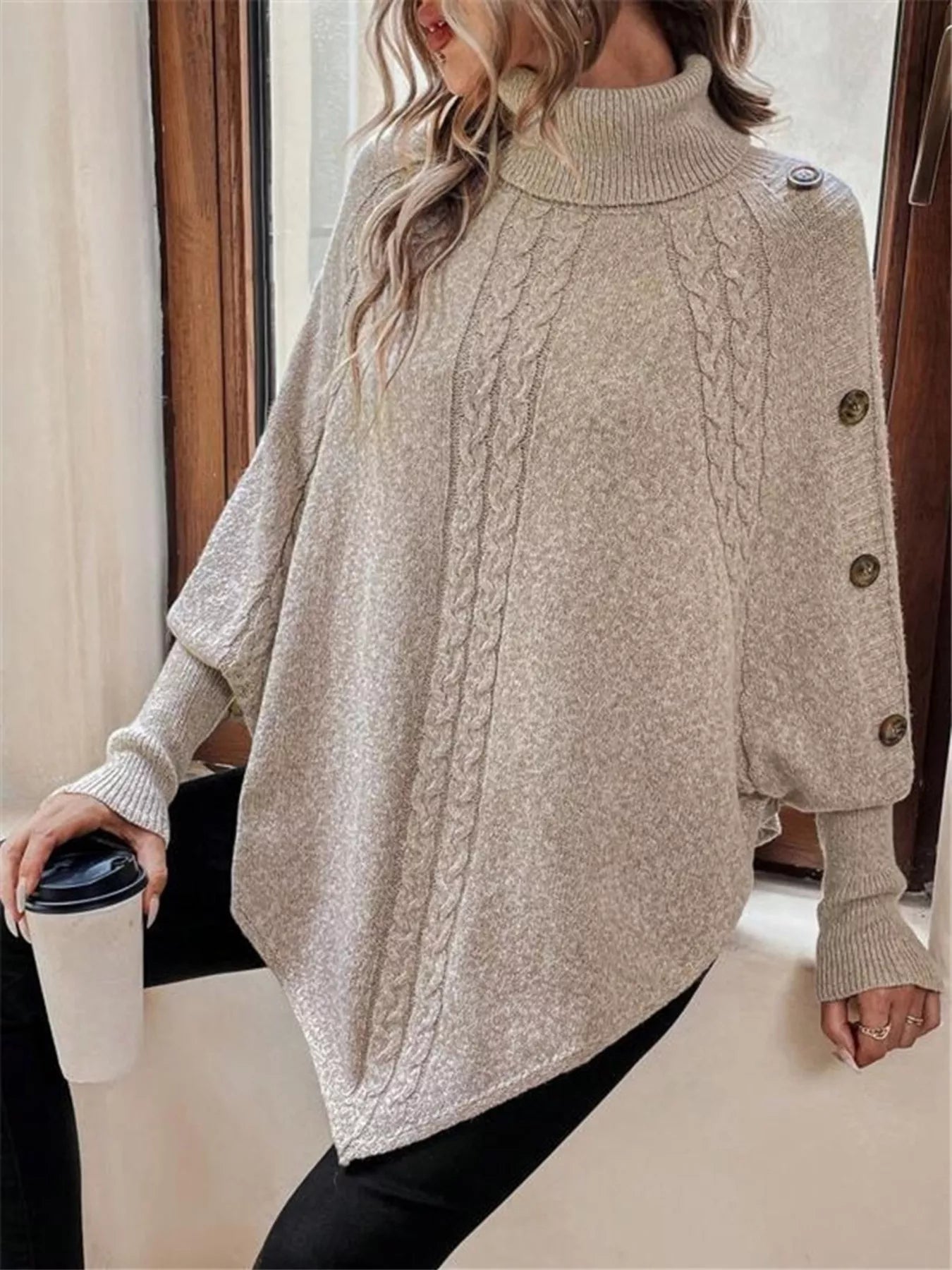 Cable Knit Turtleneck Cape Sweater