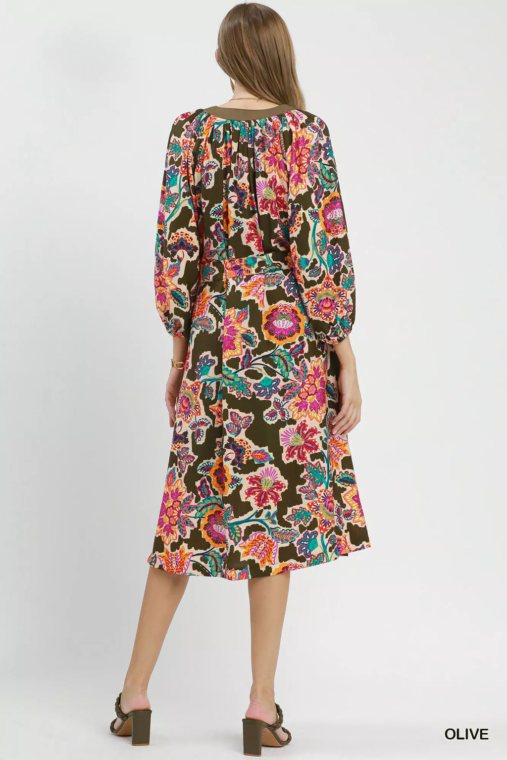 Umgee Abstract Print Embroidered Belted Midi Dress