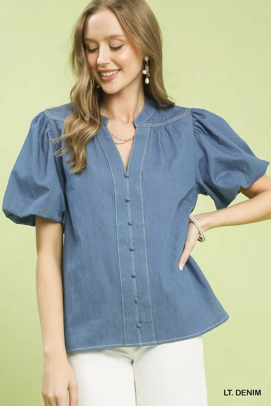 Umgee Denim Button Front Puff Sleeve Boho Blouse