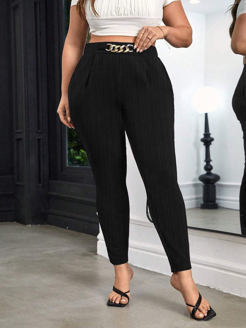 Plus Size Elegant Chain Decor High Waist Skinny Pants