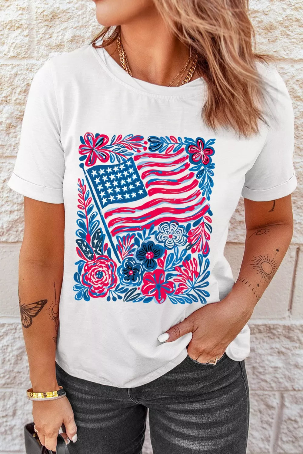 Floral Flag Aesthetics Patriotic Graphic T Shirt