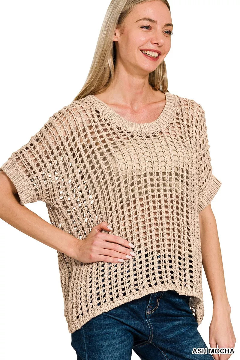 Zenana Fish Net Short Sleeve Crochet Knit Cover Up