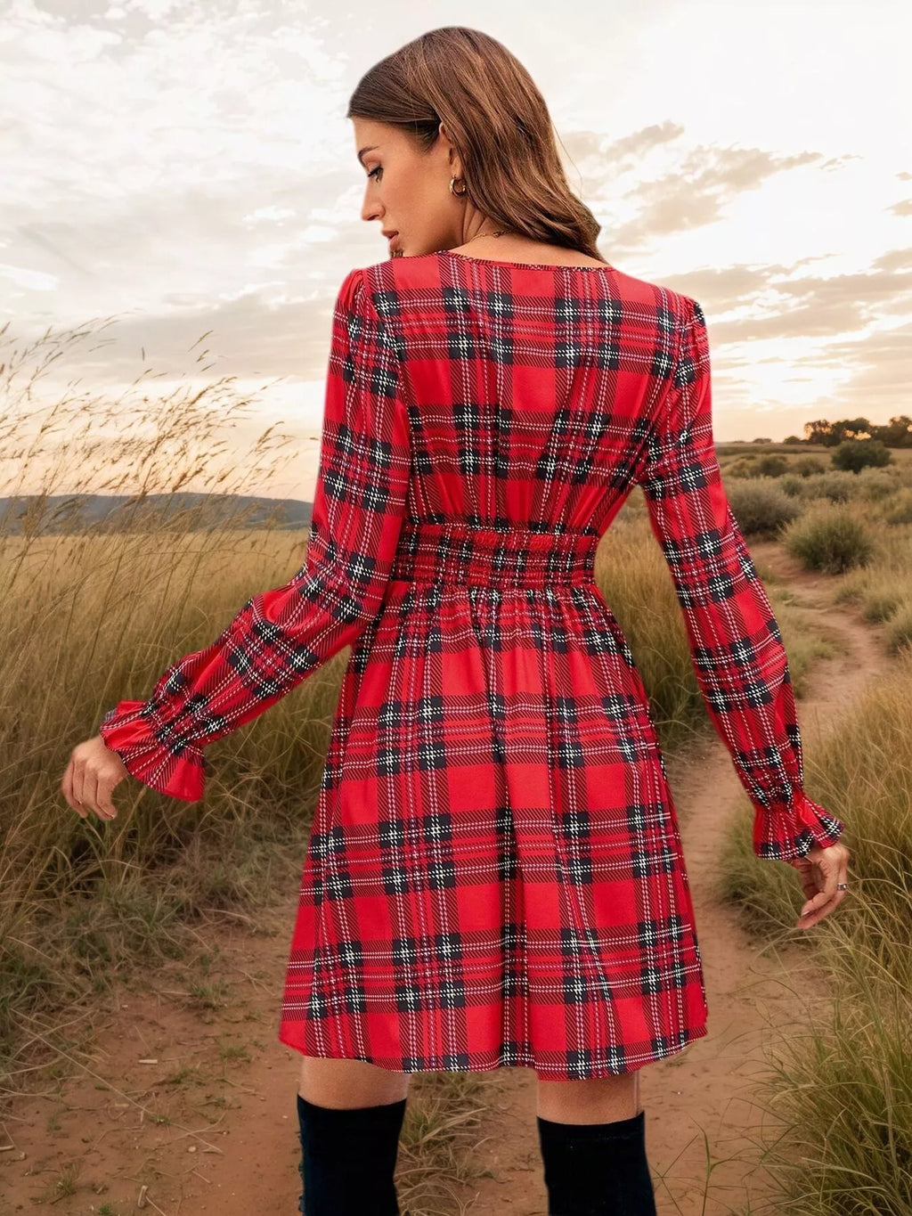 Plaid V-Neck Tie Front Mini Dress