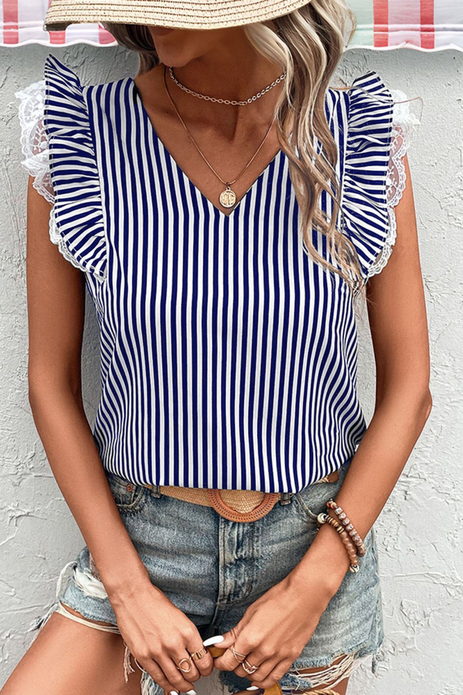 Stripe Lace Ruffle Trim V-Neck Tank Top