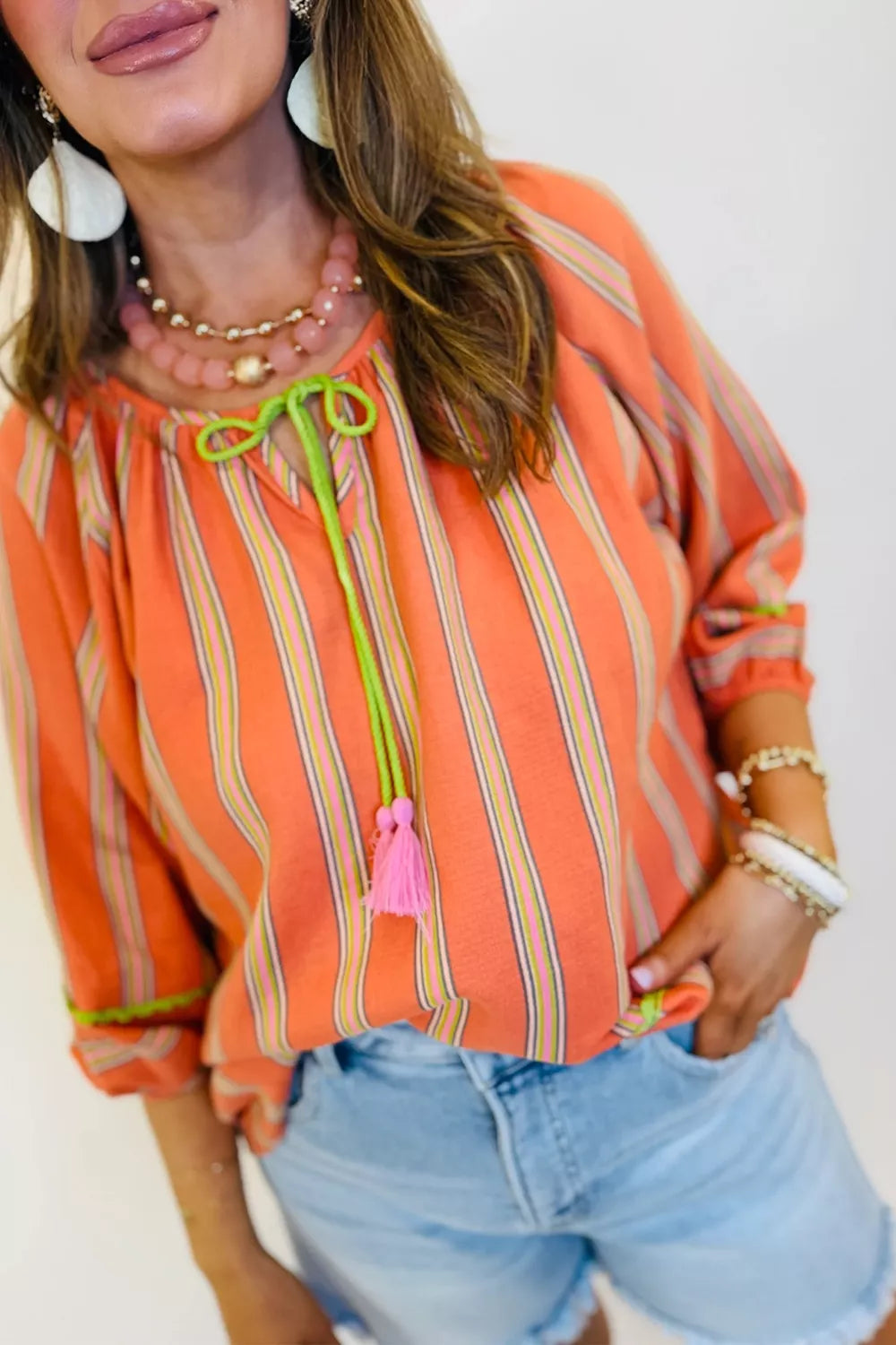 Stripe Tassel Tie Neck Bracelet Sleeve Cotton Blouse