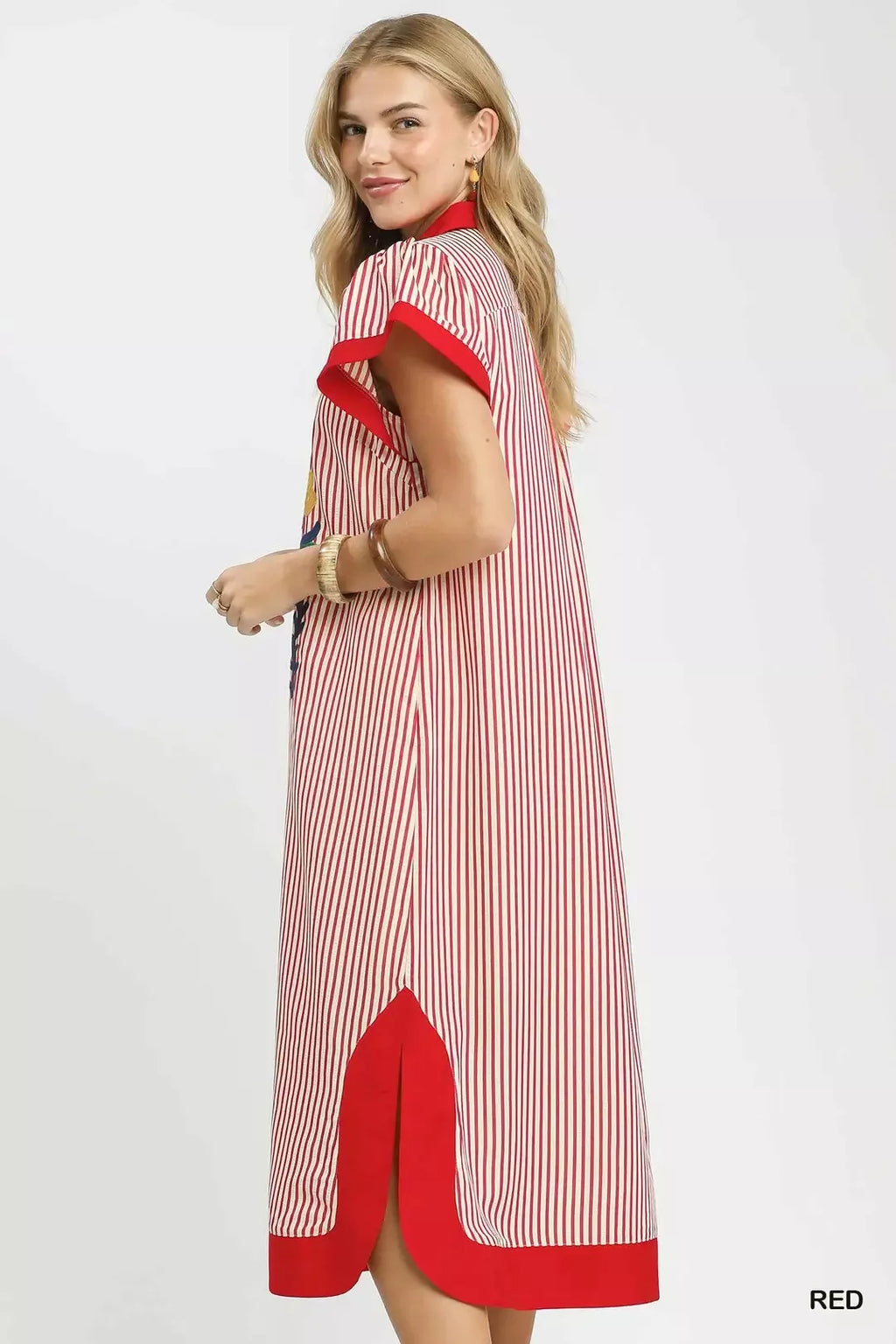 Umgee Floral Embroidered Stripe Dress with Side Slits