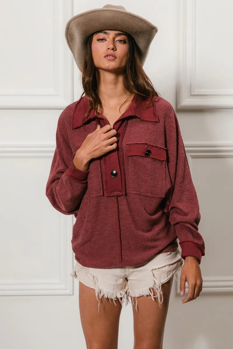 BiBi Cp French Terry Cut Edge Detail Collared Top