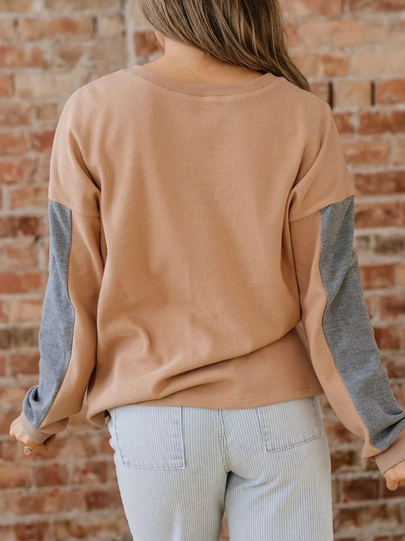 Color Block Thermal Textured Knit Drop Shoulder Henley Top