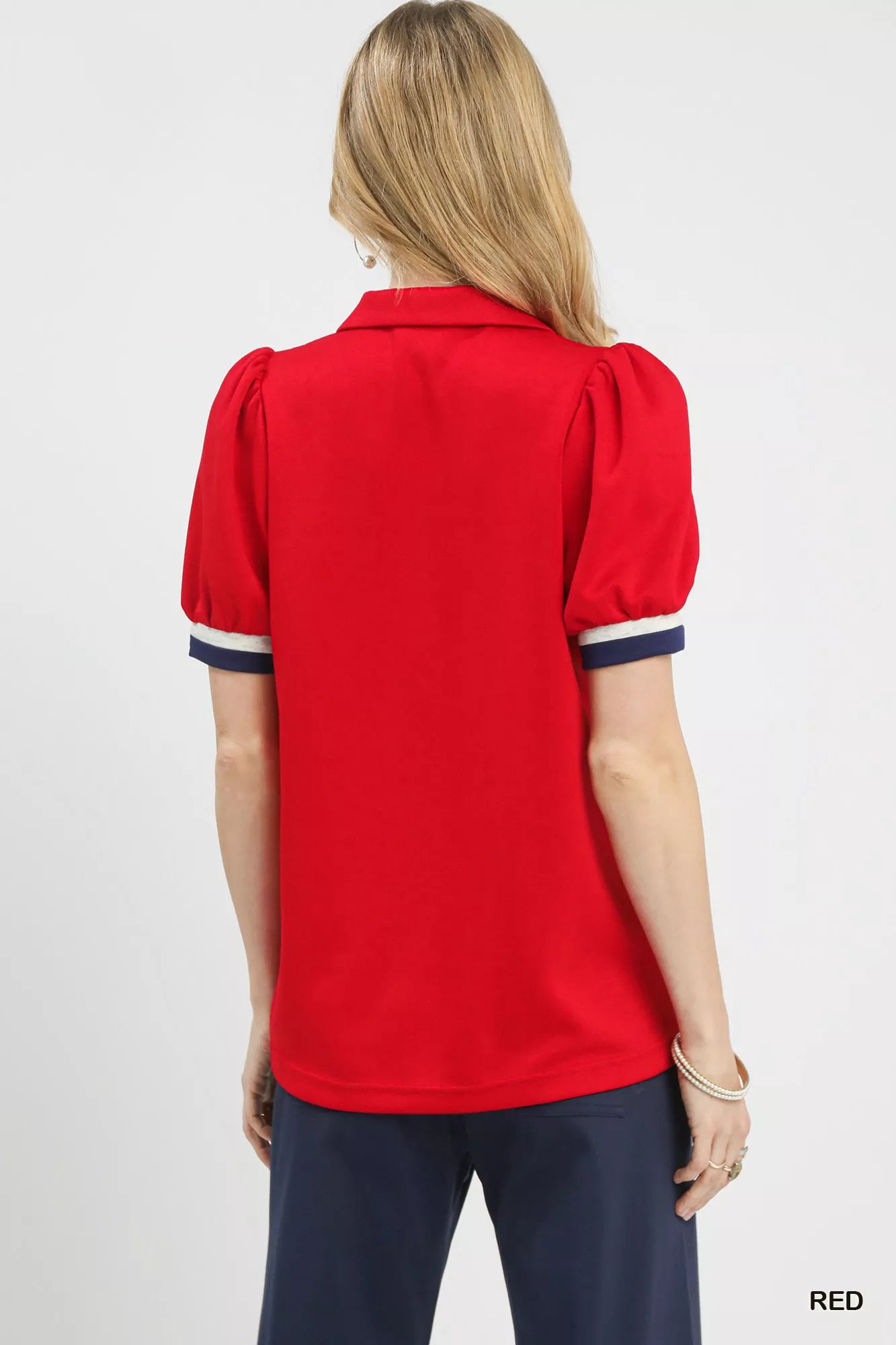 Umgee Puff Sleeve Zip Front Top with Contrast Striped Trim