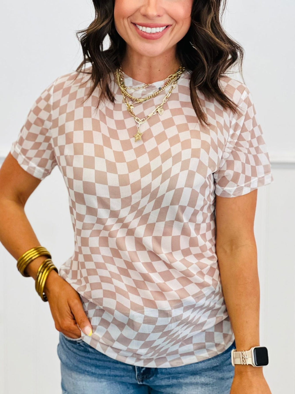 heckered Print Crew Neck Mesh T Shirt
