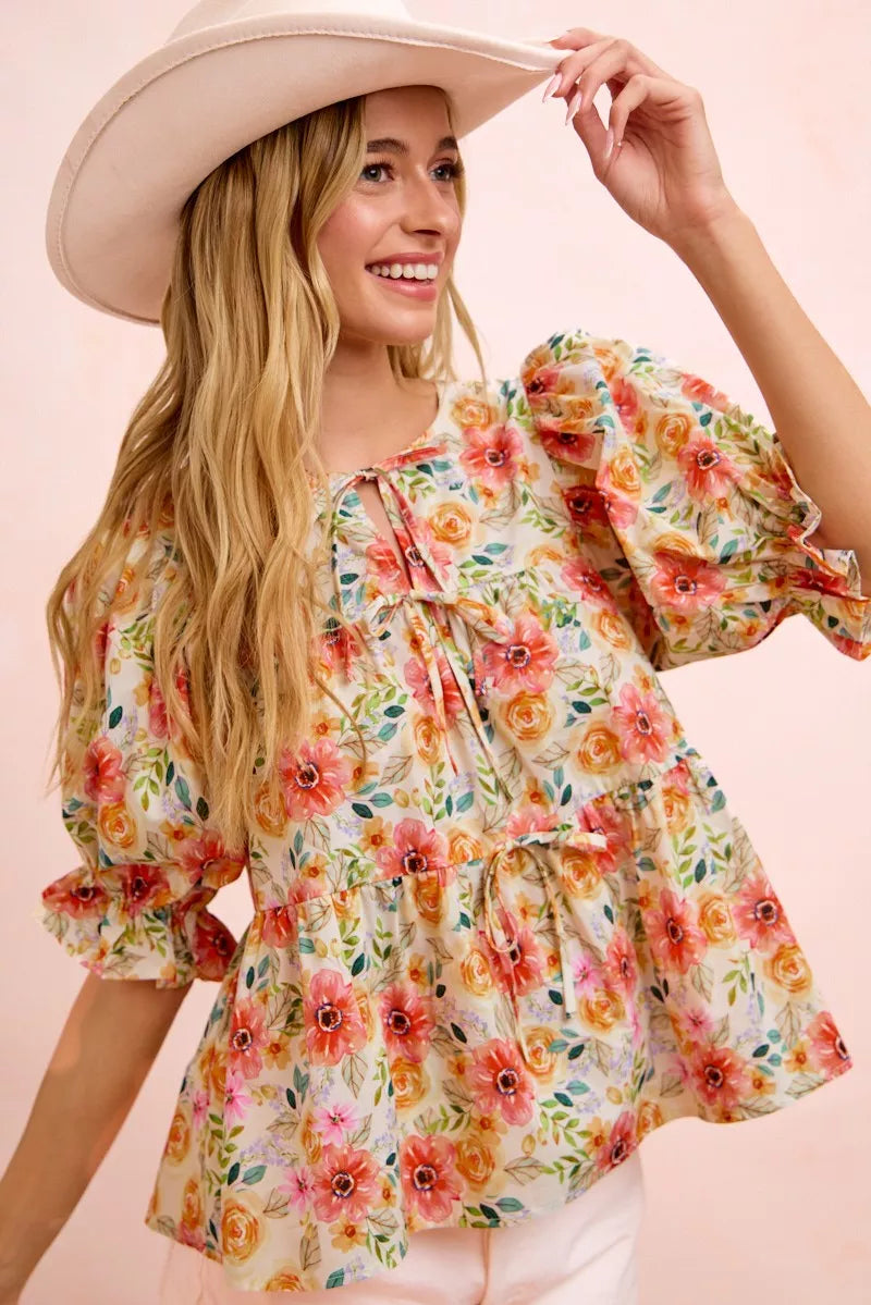 BiBi Flower Printed Shirring Detail Blouse Top
