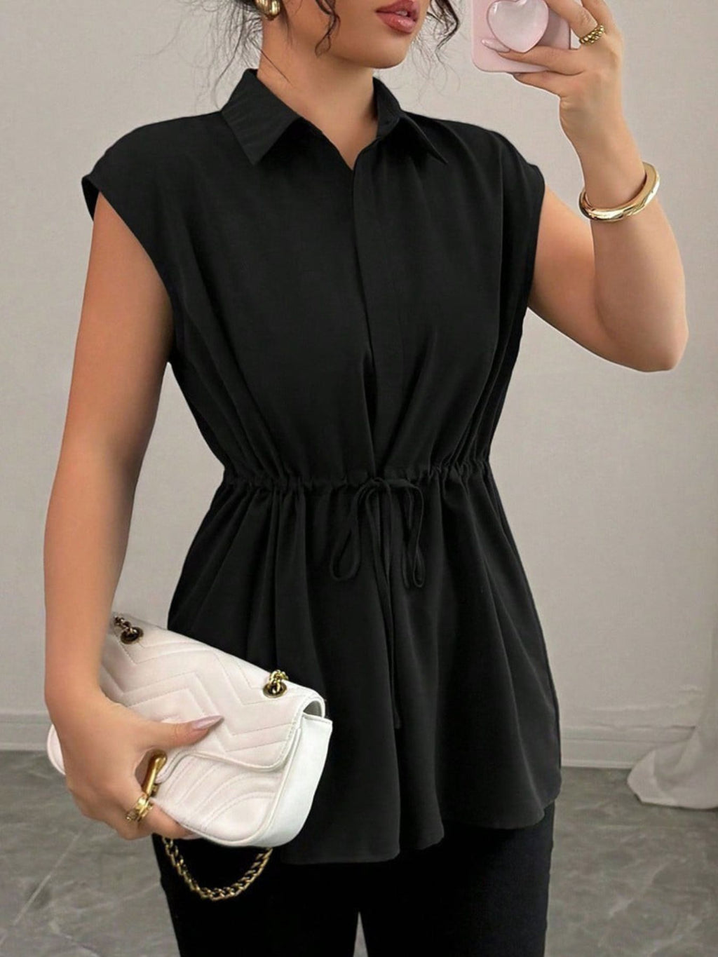Drawstring Waist Cap Sleeve Shirt