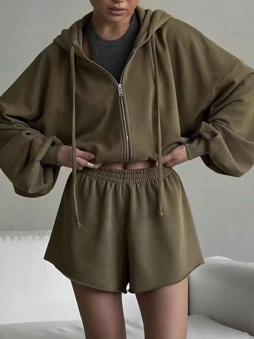 Zip Up Long Sleeve Outerwear and Shorts Set