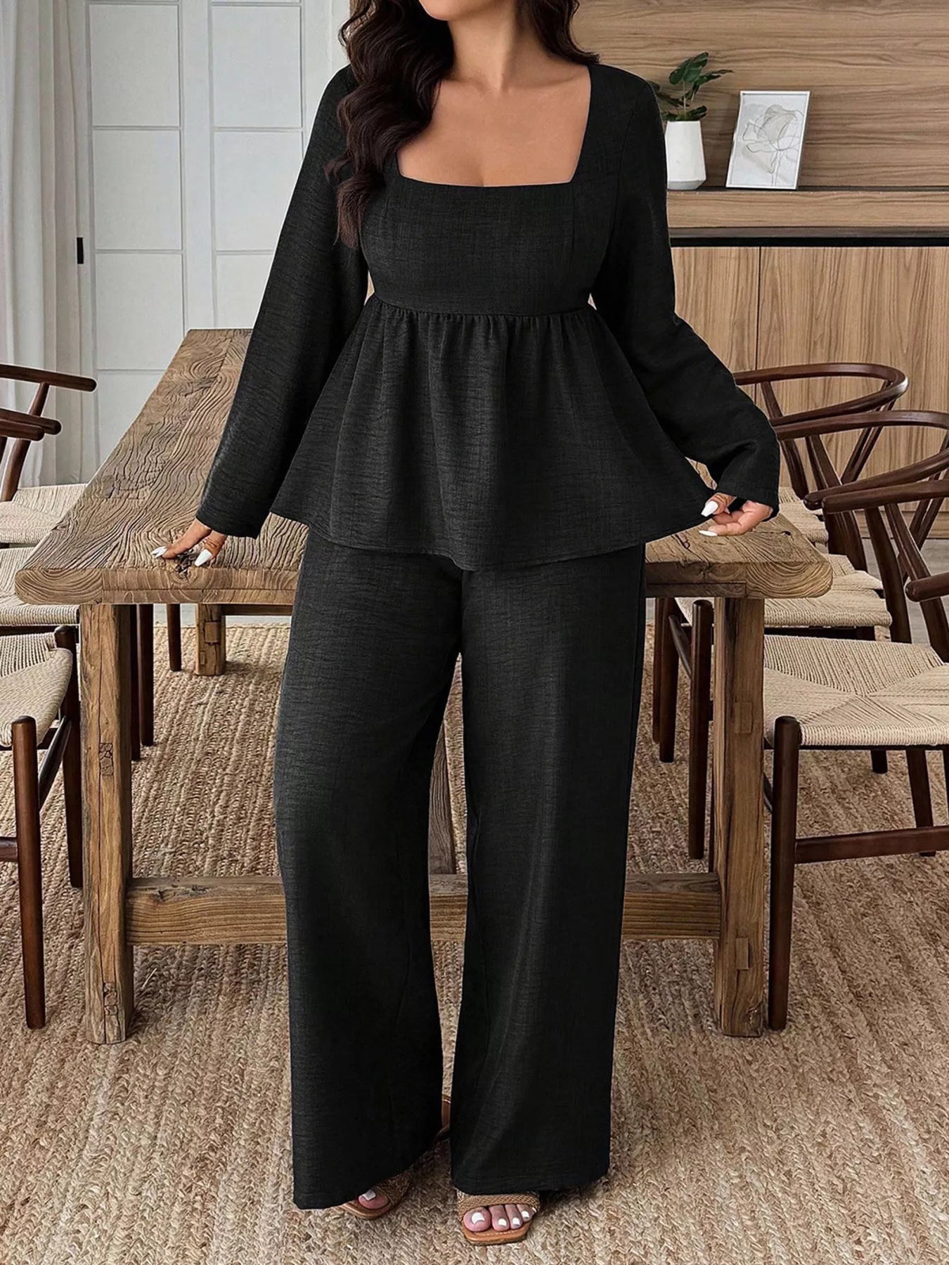 Plus Size Square Neck Long Sleeve Top and Pants Two-Piece Set