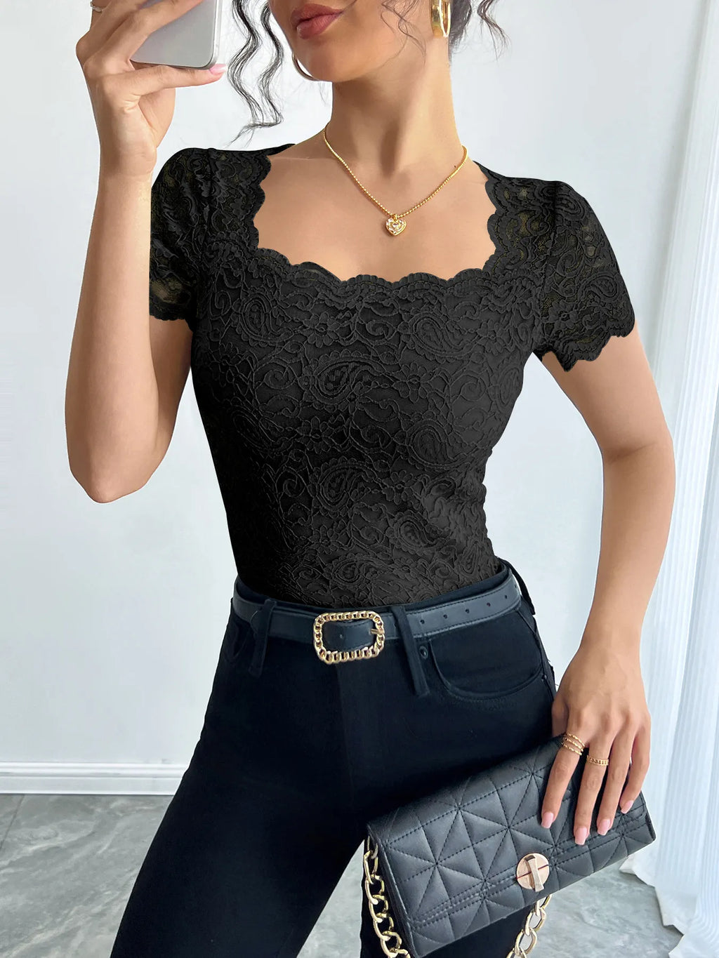 Floral Lace Square Neck T-Shirt