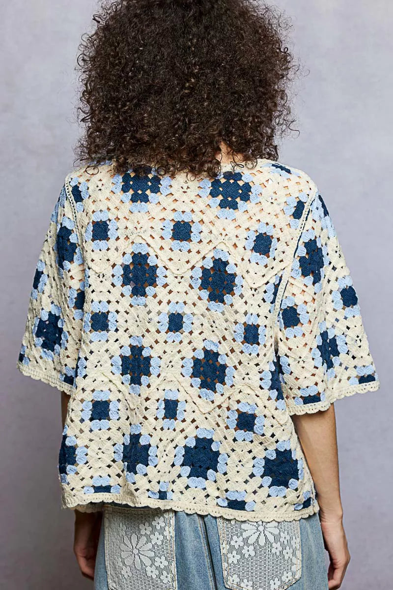 POL Round Neck Short Sleeve Color Pattern Crochet Top with Border Accents