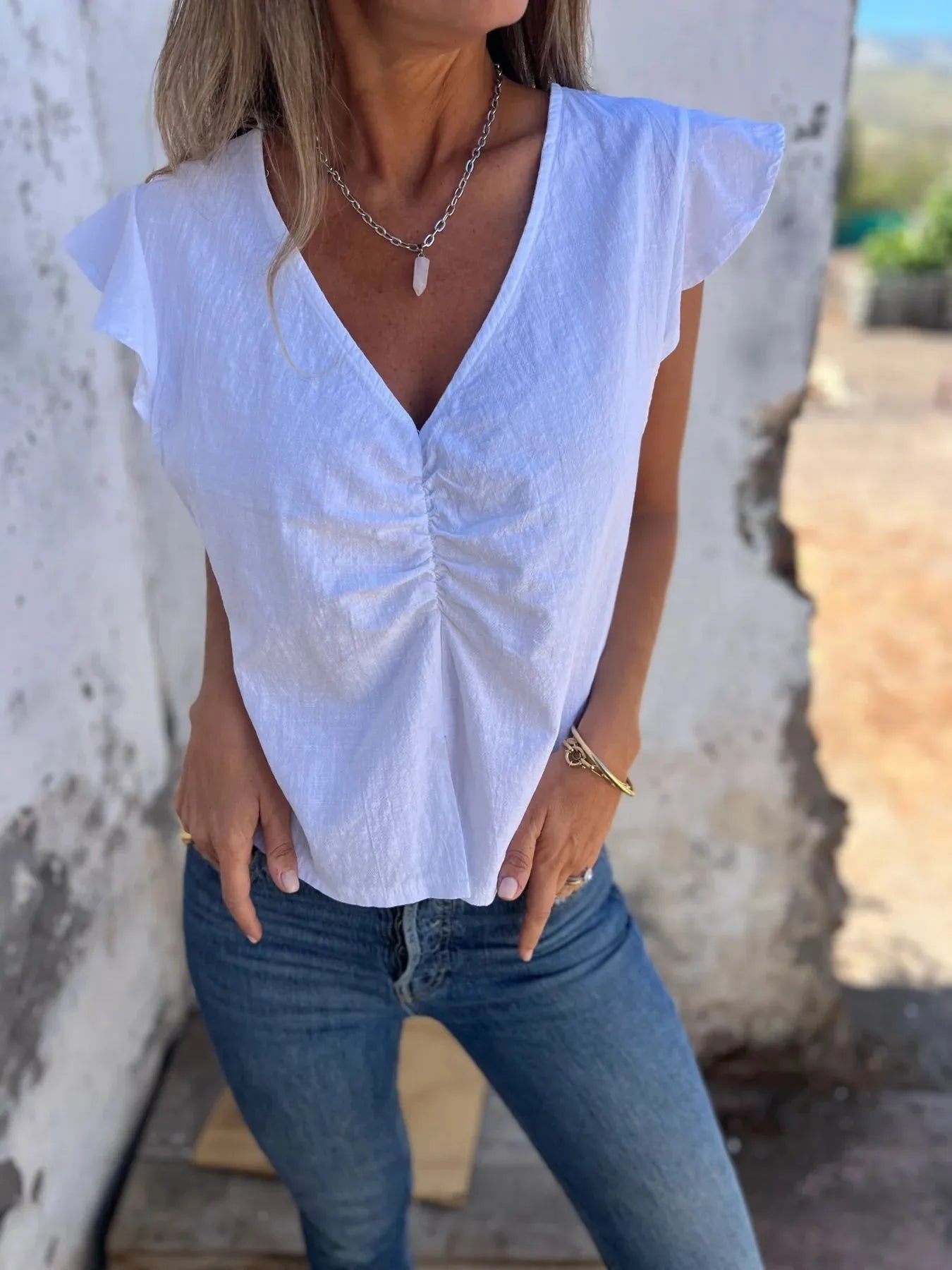 Full Size Ruched V-Neck Cap Sleeve Blouse Plus Size