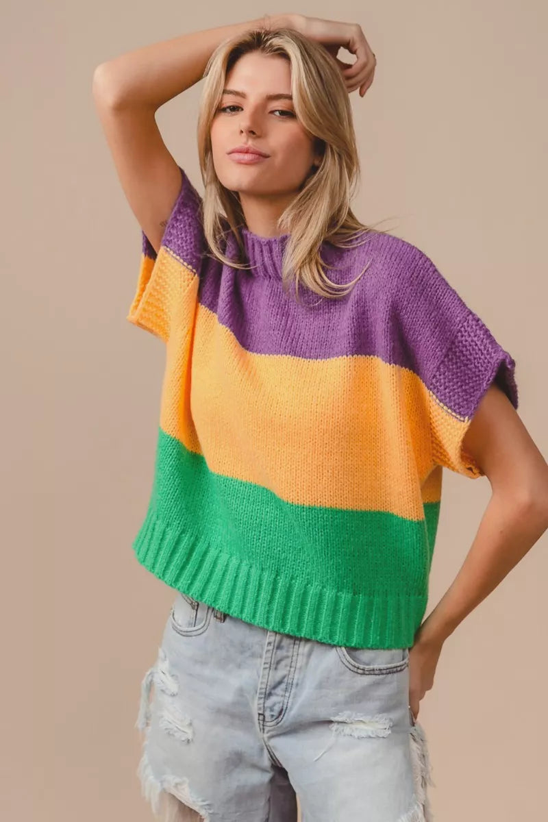 BiBi Mardi Gras Color Block Drop Shoulder Sweater Top