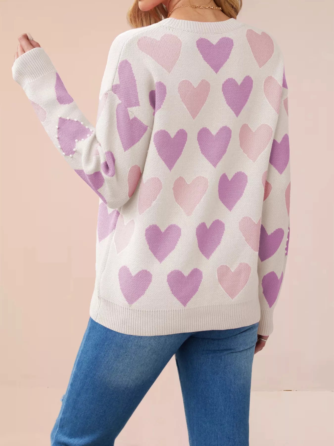 Heart Pattern Beaded Round Neck Sweater