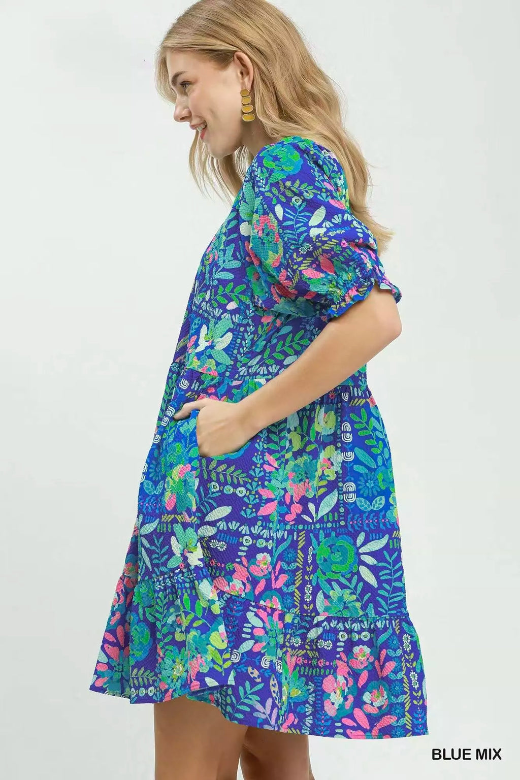 Umgee Mix Botanical Print Puff Sleeve Tiered Dress