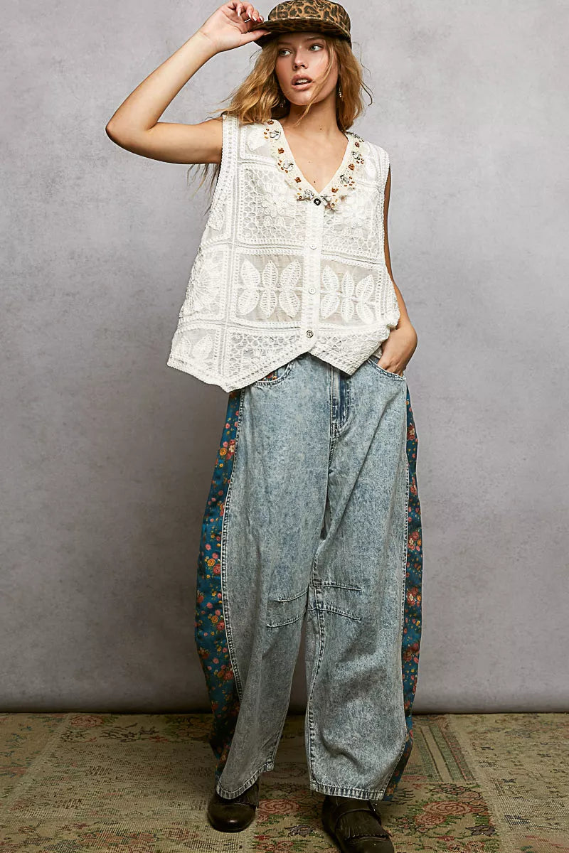 POL Lace Trim Embroidered Floral V-Neck Crochet Vest