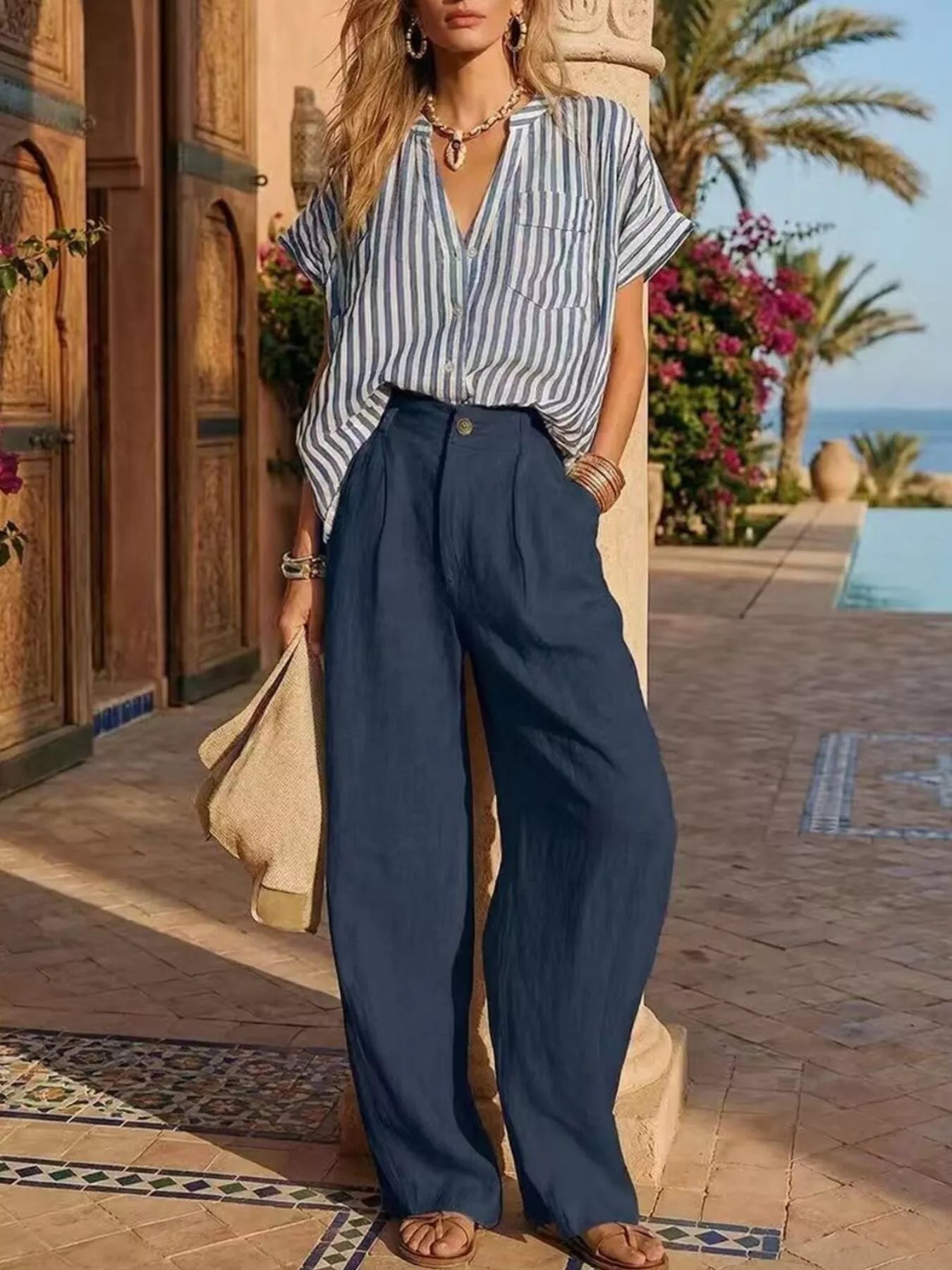 Full Size Striped Button Up Shirt and Pants Set Plus Size