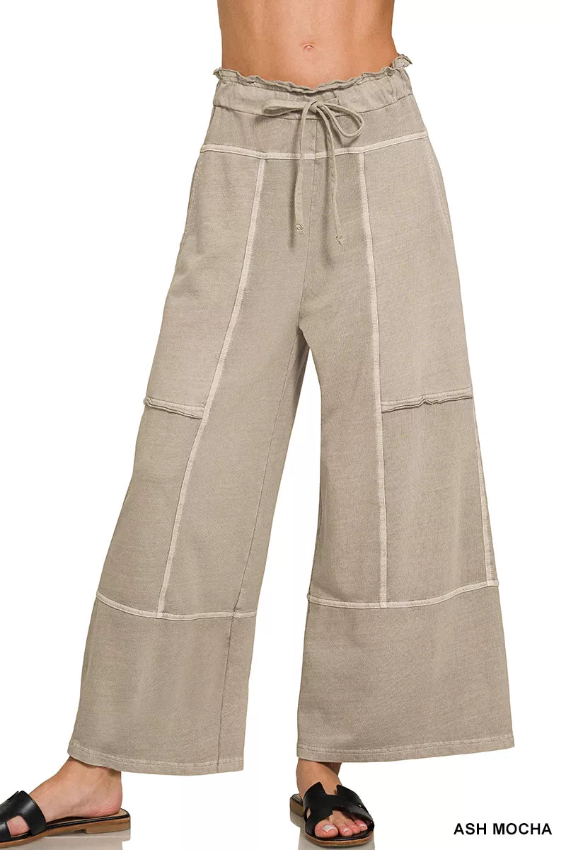 Zenana French Terry Washed Exposed-seam Wide Leg Pants