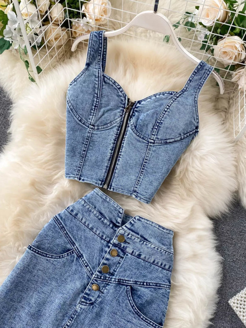 Zipper Top & Button Slit Skirt Denim Set