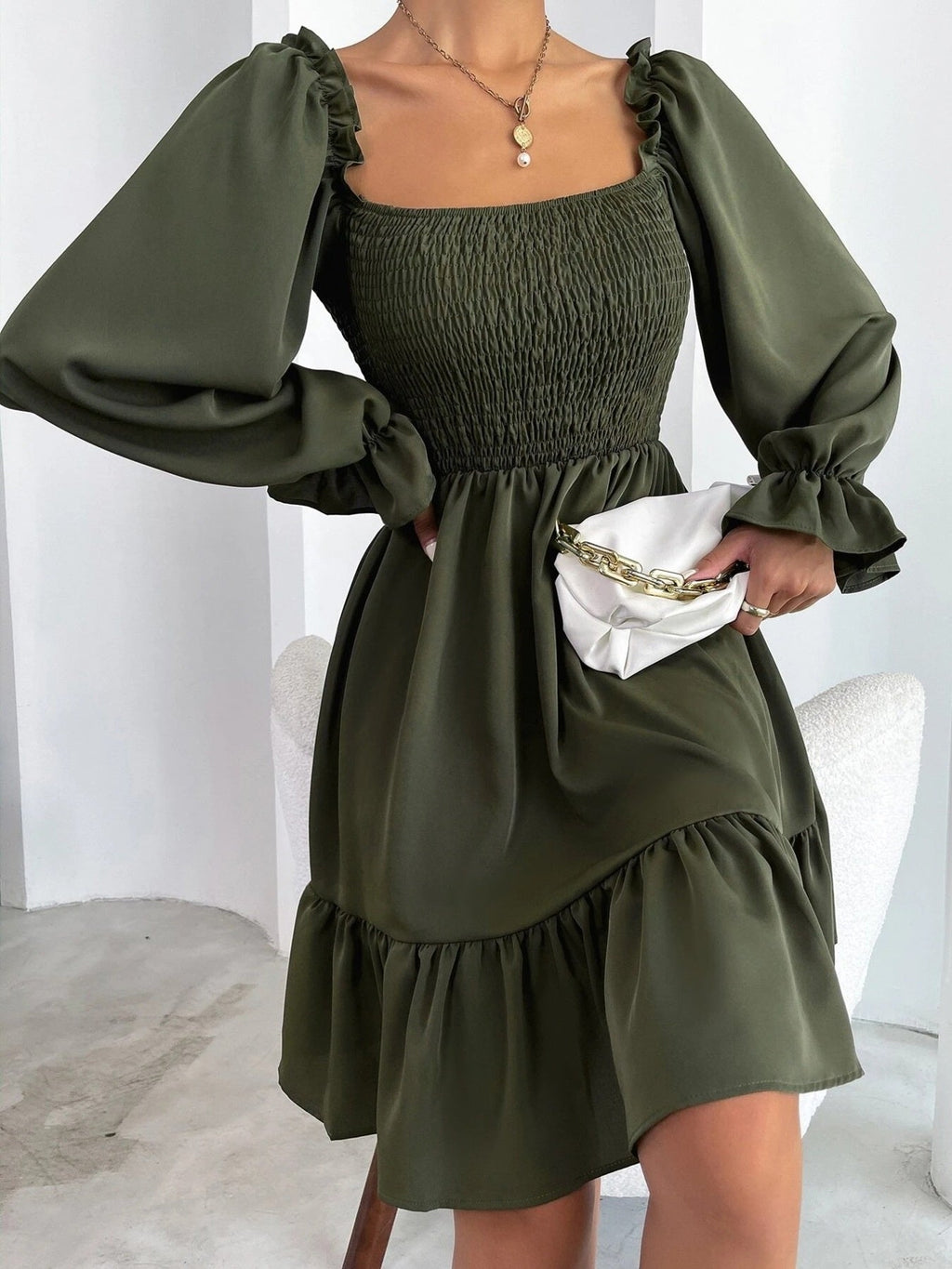 Smocked Flounce Sleeve Mini Dress
