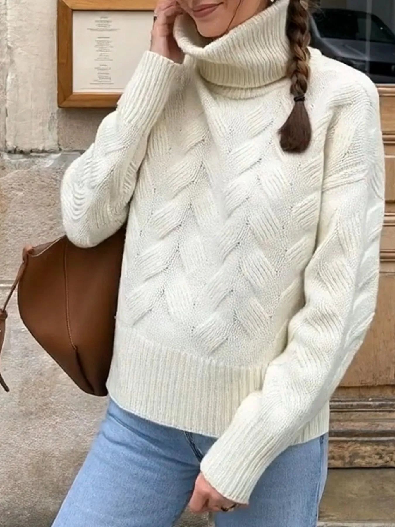 Ribbed Hem Turtleneck Long Sleeve Sweater