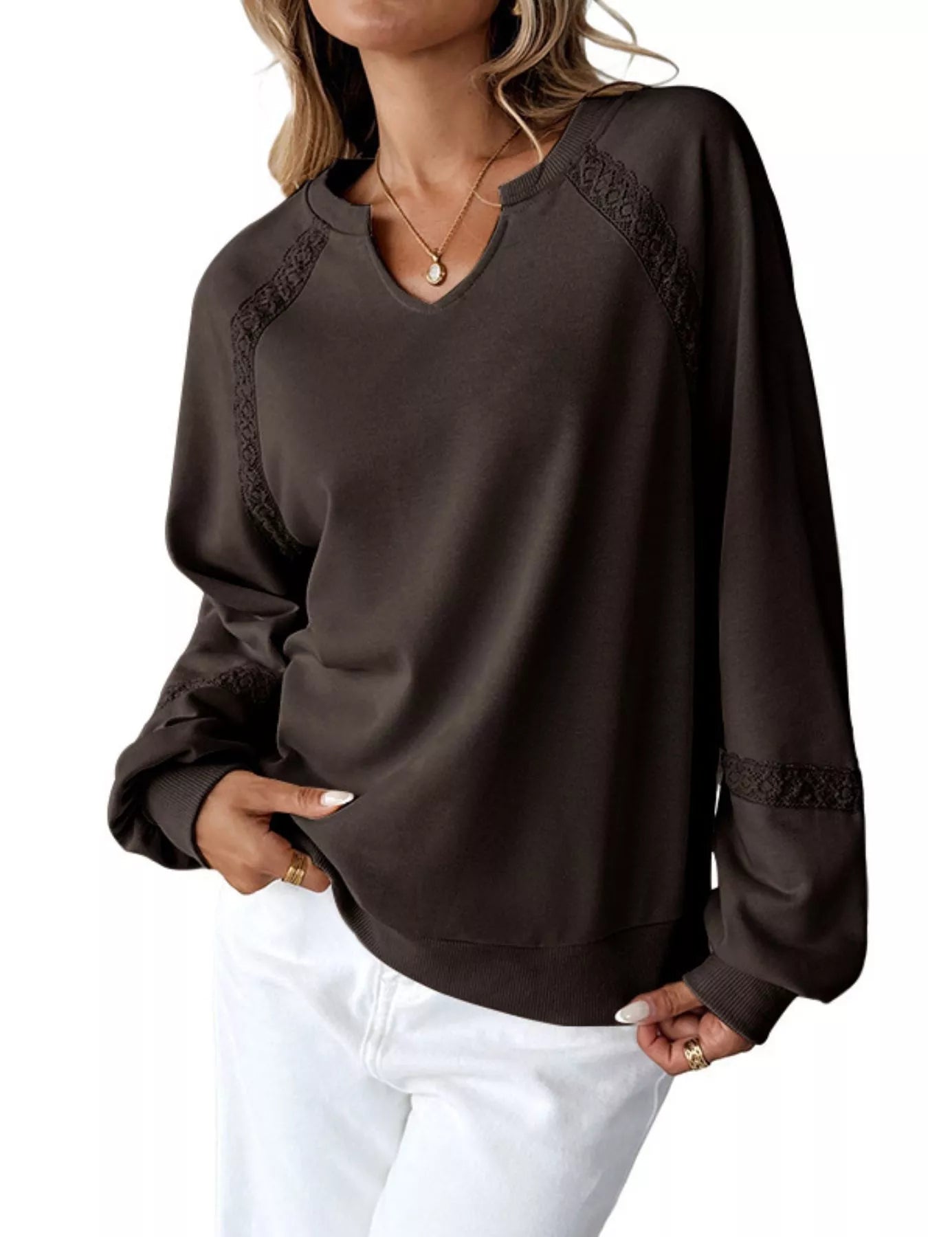 Notched Raglan Sleeve Sweatshirt