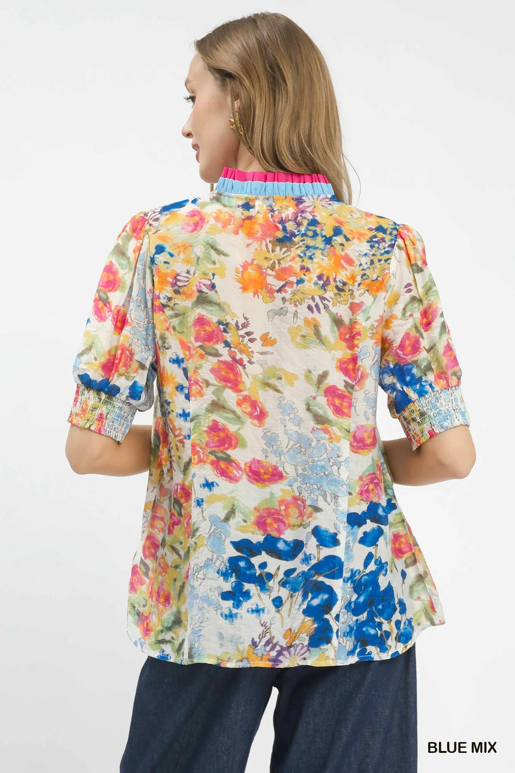 Umgee Floral Contrast Pleat Neck Top