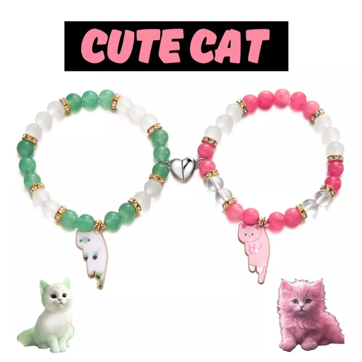 2 Piece Beaded Cat Charm Bracelet