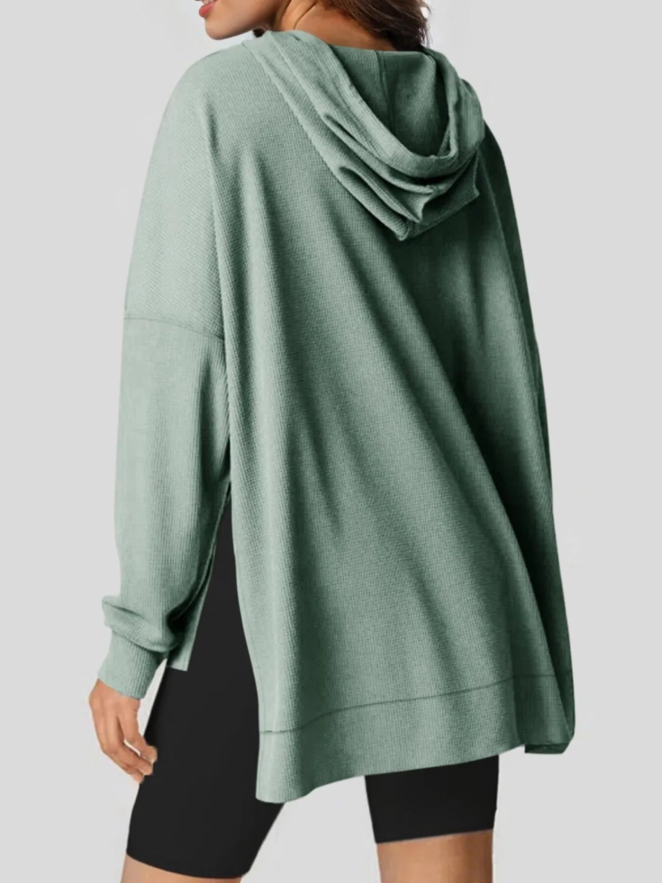 Slit Drawstring Waffle Knit Hoodie
