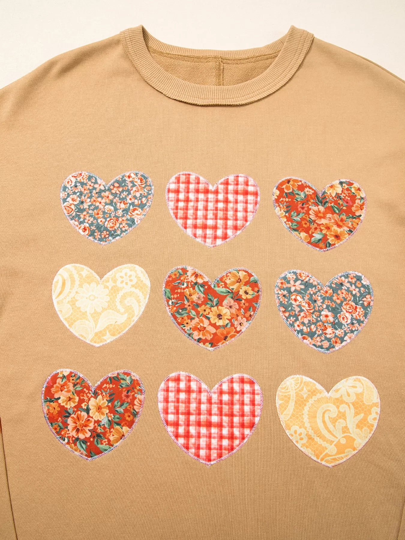 Plaid Floral Heart Stitched Exposed Seam Mineral Wash Sweatshirt