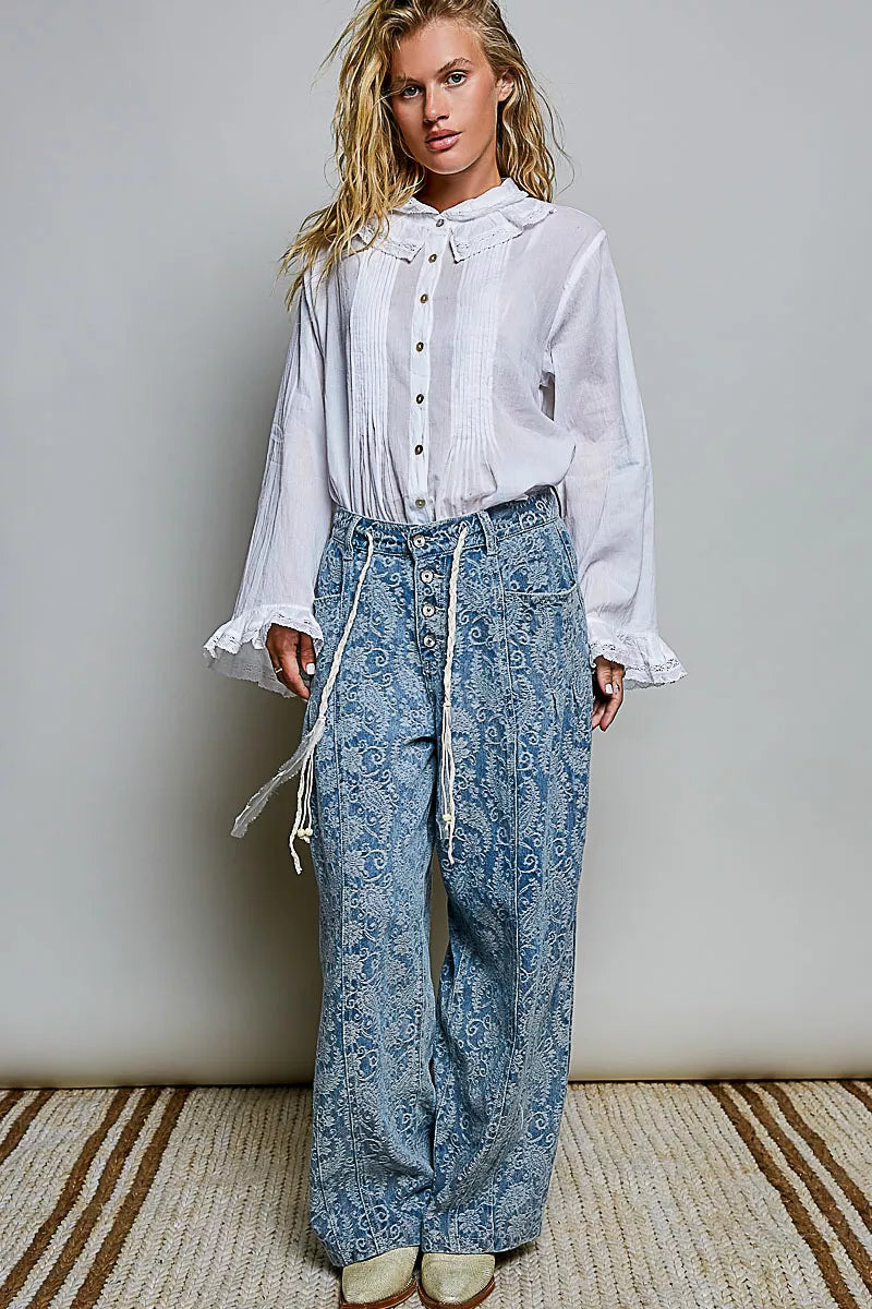 POL Woven Lace Trim Pintuck Button-Down Shirt